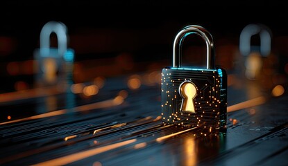Glowing Padlock on Dark Metallic Surface - Digital Security Concept.