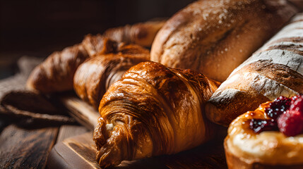 Delicious golden brown croissants and bread displayed on wooden board