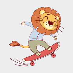 Funny cartoon lion cub skateboarding