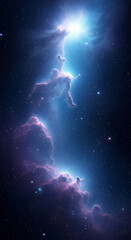Fototapeta premium Cosmic nebula image, showcasing vibrant blue and purple gas clouds, illuminated stars, and cosmic dust, representing the vastness and beauty of space, ideal for astronomy or science fiction themes