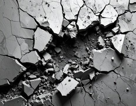 Shattered concrete ground from above