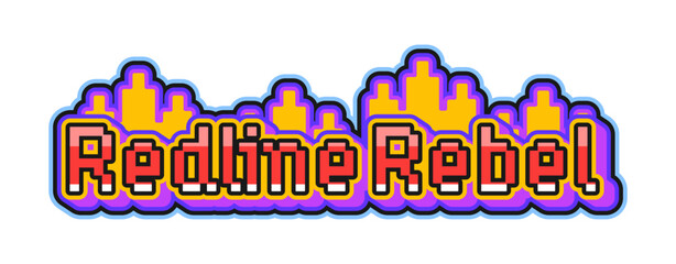 Automobile speed race redline rebel retro Y2K sticker or symbol. Formula 1 championship vintage vector sticker, speed racing grand prix patch. Race tag with pixelated fire flames and typography