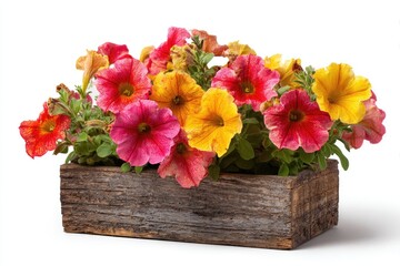 Obraz premium Colorful petunias in a rustic wooden planter (5)