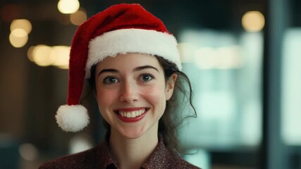 Smiling woman in red hat at Christmas celebration - Powered by Adobe