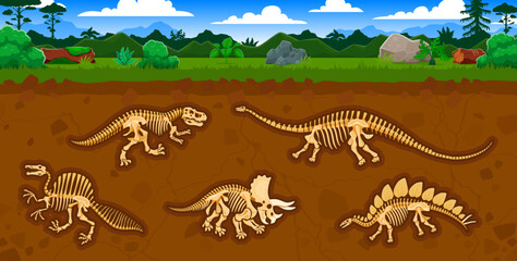 Archeology and paleontology science, dinosaur fossils in soil layers. Paleontology vector concept with tyrannosaur, ouranosaurus, triceratops, dravidosaurus and brontosaurus dinosaurs skeleton bones © Vector Tradition