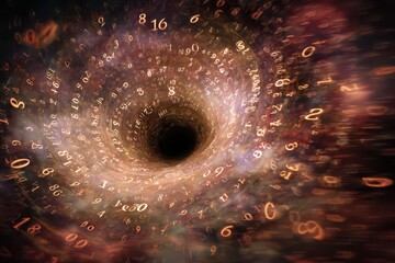 Floating into the depths of a black hole filled with swirling numbers and cosmic mysteries in an abstract space environment