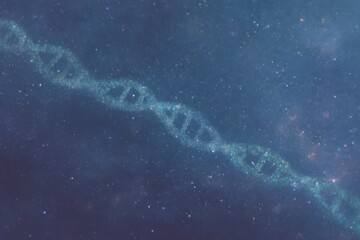 Floating DNA helix traverses a vibrant galaxy filled with stars and cosmic dust, creating a blend of science and space phenomena in an infinite expanse