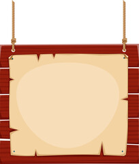 Wooden hanging signboard with rope and nailed parchment. Caribbean icon for pirates or corsairs adventure or western games. Cartoon vector user interface element for menus, quests, options or notices © Vector Tradition