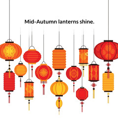 A vibrant collection of traditional red and yellow Mid-Autumn Festival lanterns hanging against a white background, illuminating the festive spirit.