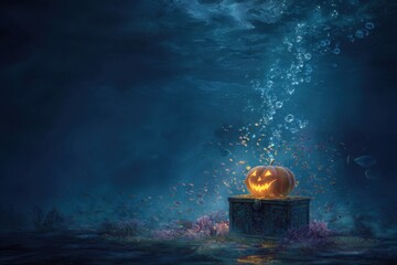 Underwater Halloween Adventure: Jack-o'-Lantern on a Sunken Treasure Chest, Surrounded by Bubbles and Mesmerizing Fish, Surreal and Magical.