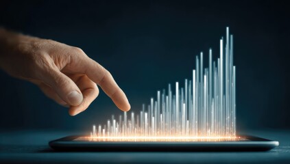 Hand points to rising graph on tablet