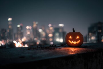 Urban Halloween Night: Jack-o'-Lantern on a City Rooftop Overlooking a Dramatic Skyline with Blurred City Lights, Moody and Cinematic, High Contrast.