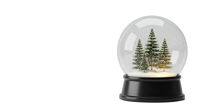 Snow globe with three snow covered pine trees.