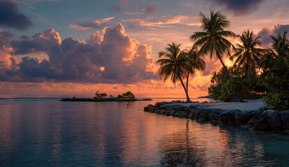 Tropical sunset over calm lagoon