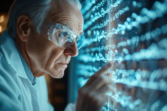 Senior scientist meticulously examines complex data displayed on a futuristic interactive screen.
