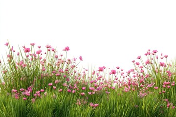 Pink flowers and grass border on white