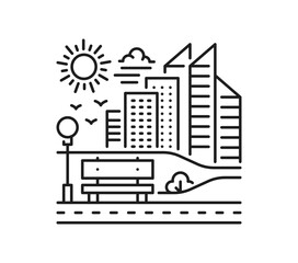 Naklejka premium City park landscape thin line icon or emblem. Cityscape scene lineart vector sign, outdoor view symbol. Metropolis environment landscape icon with city park bench, bike line, skyscrapers buildings