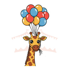 Fototapeta premium Circus giraffe with colorful balloons for children’s birthday design and party decoration
