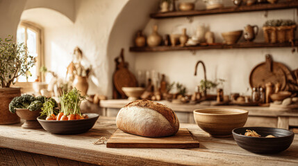 Fototapeta premium A rustic kitchen scene featuring fresh harvest vegetables and a loaf of bread.
