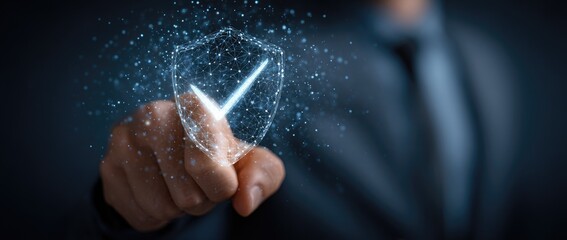 Businessman touching a glowing shield icon with a checkmark for cybersecurity and data protection concept.