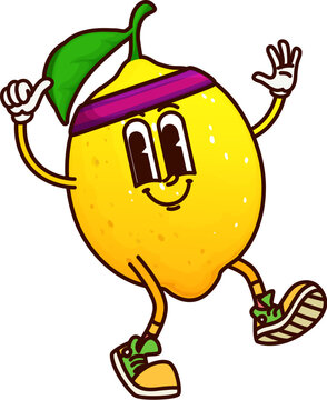 Naklejki Cartoon groovy lemon fruit cheerful character doing sports. Healthy diet vitamin juice retro vector funny mascot, vegan nutrition happy character. Lemon citrus fruit cheerful personage on fitness