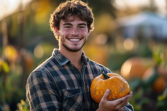 Smiling young man holding a pumpkin in a pumpkin patch during autumn.