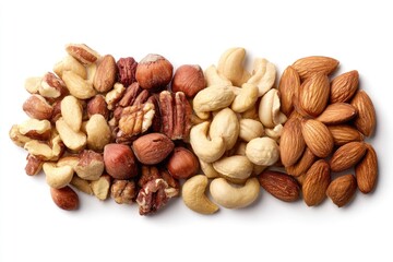 Assorted nuts arranged in a horizontal row