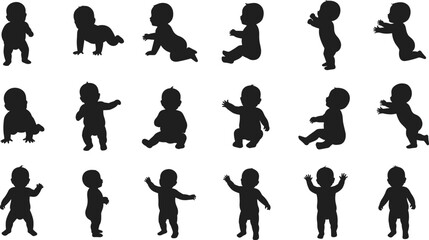 Baby silhouette, toddler poses, infant crawling, child sitting, newborn vector, standing baby, cartoon infant, black silhouette, child clipart, baby collection set