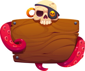 Cartoon Caribbean pirate and corsair game icon and heraldry wooden sign with a skull wearing an eyepatch and gold earring, surrounded by pink octopus tentacles. Vector ui banner for game adventure