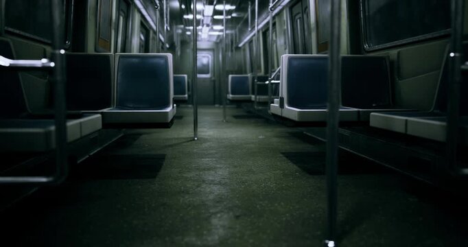 Under the dim lights of an empty subway car, the quiet atmosphere speaks volumes about the late night journeys and stories left untold. Shadows dance on the floor as solitude reigns.