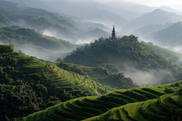 Misty mountain landscape with terraced rice paddies (1)