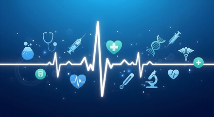 Healthcare medical background with a glowing heartbeat EKG line and various icons representing health, science, and telemedicine technology in a digital abstract environment