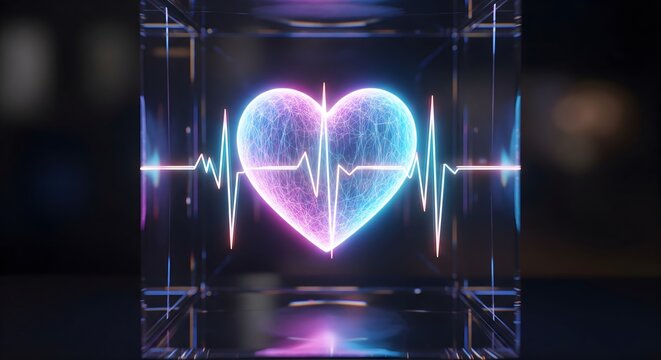 Futuristic glass cube with a vibrant neon glowing heart and a synchronized heartbeat pulse line, symbolizing modern healthcare, technology, and medicine