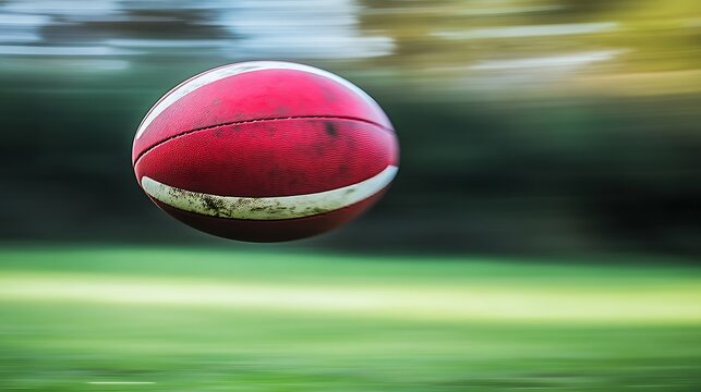 Close-up of rugby ball spinning in air, motion blur, field background