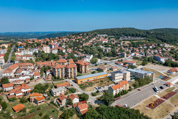 Obraz premium Topola, Sumadija, Central Serbia. Aerial drone view Panorama of city