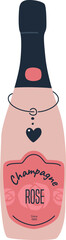 Champagne or Rose Wine Bottle with Heart Shaped Jewelry Drawn Vector Isolated on Transparent BG