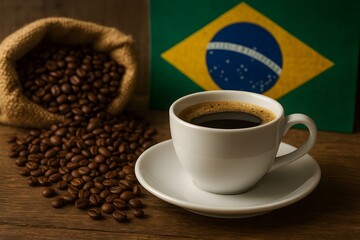 Gr&atilde;os de caf&eacute;, caf&eacute; na x&iacute;cara e a bandeira do Brasil. 