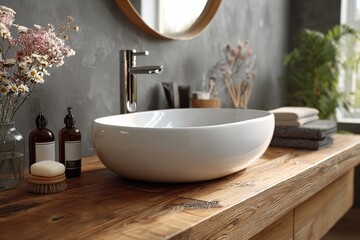 A white vessel sink, metallic faucet, and amber glass bottles on a wooden counter, with flowers and a mirror. Great for bathroom design inspiration, skincare product ads, or home decor visuals.
