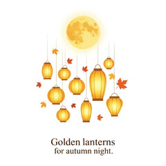 Golden paper lanterns and autumn leaves hanging under a bright full moon for a mid-autumn festival celebration.
