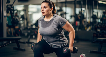 Determined woman doing lunges with dumbbells in a gym, focused on her fitness routine and sweating from the workout.