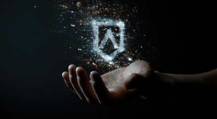Human hand holding a glowing futuristic digital shield icon disintegrating into particles on a dark background.