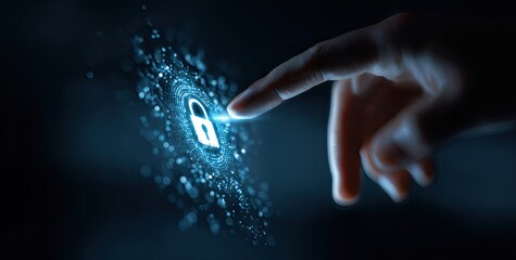 Hand touching glowing digital padlock, symbolizing cybersecurity and data protection.