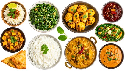 Assorted Indian dishes arranged on white background