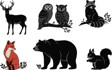 PrintWoodland animals, forest wildlife, deer, fox, bear, raccoon, owl, squirrel, nature illustration, cute character, animal group, educational, cartoon