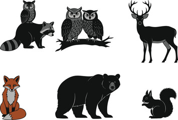 PrintWoodland animals, forest wildlife, grayscale illustration, fox, bear, deer, owl, raccoon, squirrel, nature theme, cute character, animal group, educational design