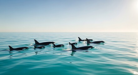 Naklejka premium A pod of orcas gracefully swimming in the turquoise ocean.