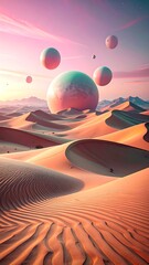 Pastel desert with floating spheres