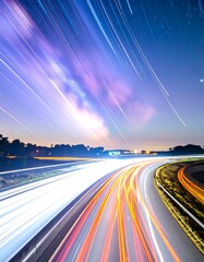 Obraz premium A night highway scene under a vibrant starlit sky, showcasing the motion of vehicles with trails of light.
