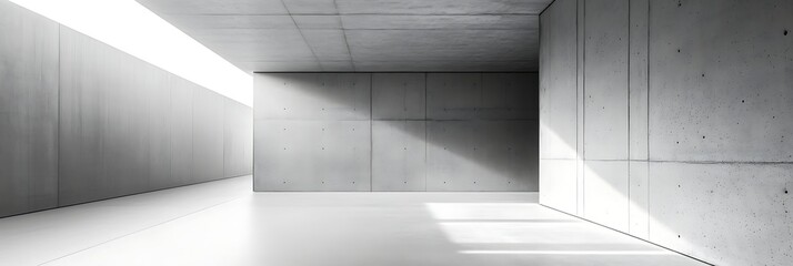 Fototapeta premium Modern Concrete Minimalism: An architectural vision of a modern, minimalist space, rendered in cool tones of grey concrete, creating a tranquil atmosphere. The scene is bathed in natural light.