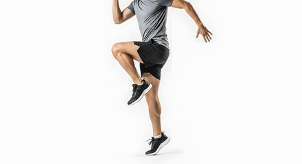 A man in athletic wear is captured mid-air, performing a high knee exercise against a white background.
